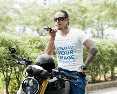 Crewneck Tee Mockup of a Tattooed Man on His Motorcycle m12676 r-el2
