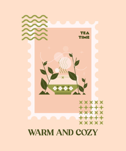 T-Shirt Design Template Featuring an Illustrated Postage Stamp With a Hot Drink Graphic