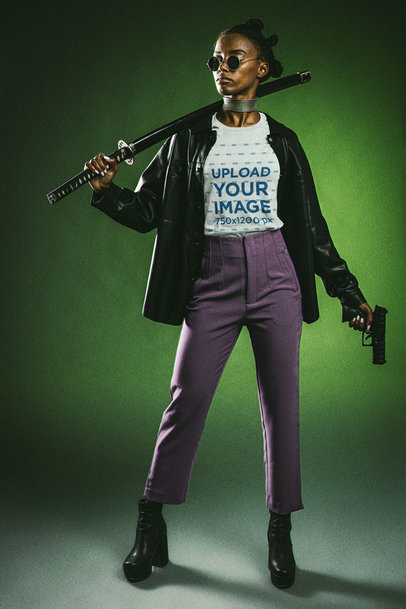 Bella Canvas Tee Mockup of a Woman Holding a Sword and a Gun