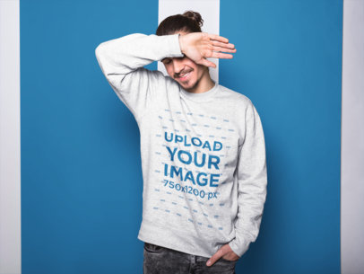 Long Haired Dude with Beard Wearing a Crewneck Sweatshirt Mockup While Blocking his Face