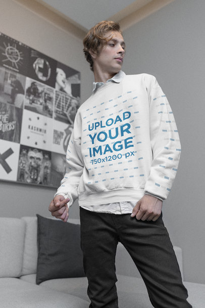 Mockup of an E-Guy Wearing a Sweatshirt at Home m19901