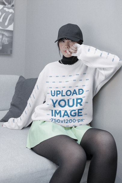 Sweatshirt Mockup of an E-Girl Posing at Home with a Bold Outfit