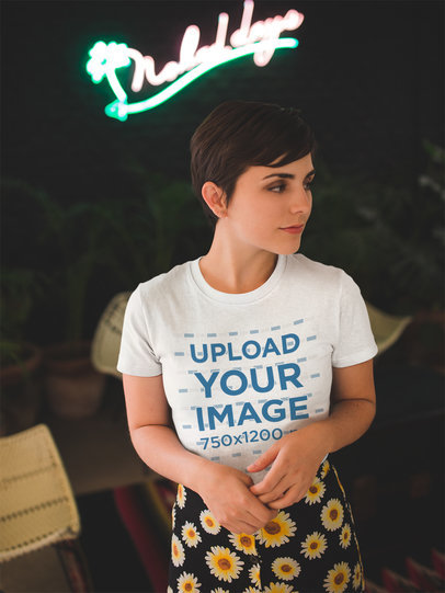 Woman with a Floral Skirt Wearing a Tshirt Mockup