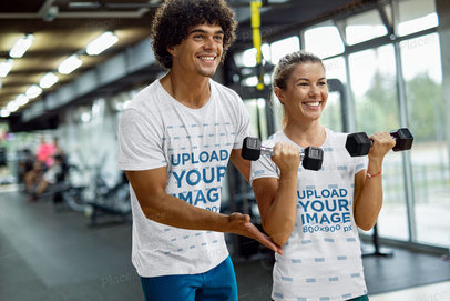 T-Shirt Mockup of a Man Coaching a Woman at the Gym