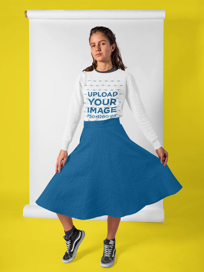 Girl with a Blue Skirt Wearing a Round Neck Sweatshirt Mockup a18499