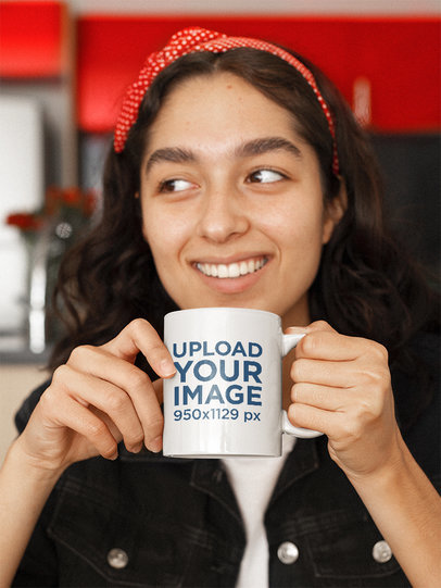 11 oz Mug Mockup Featuring a Happy Young Woman Drinking Coffee 