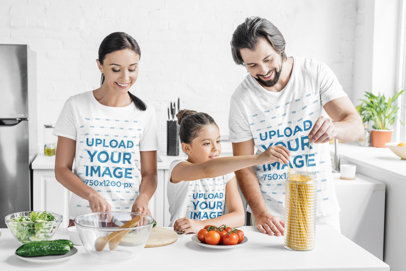 T-Shirt Mockup Featuring a Family Making Dinner at Home