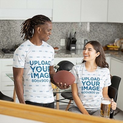 Sublimated T-Shirt Mockup of a Couple Ready to Watch the Big Game