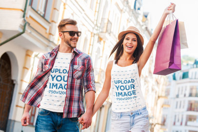 T-Shirt and Tank Top Mockup of a Couple Doing Shopping