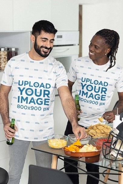 Sublimated T-Shirt Mockup of Two Friends at a Football Viewing Party 