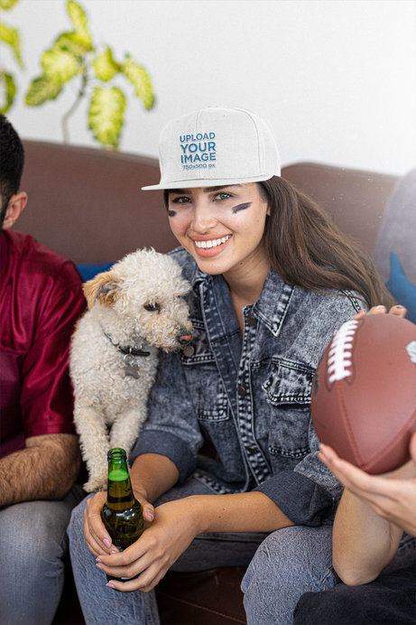 Snapback Hat Mockup of a Woman Watching a Football Game With Friends