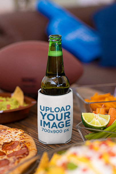 Koozie Mockup Featuring a Beer Surrounded by Party Snacks