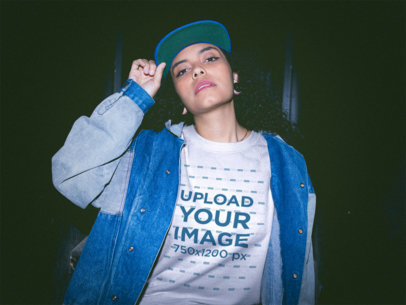 Vintage Shot of a Woman Wearing a Crewneck Sweatshirt Mockup at Night