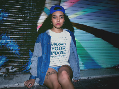 Mockup of a Young Woman Wearing a Crewneck Sitting Against a Painted Metal Curtain at Night a18838