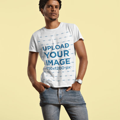T-Shirt Mockup of a Cool Man with Natural Hair Posing in a Studio