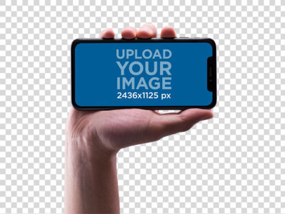 Male Hand Holding an iPhone 11 Pro Mockup Horizontally Against a Transparent Backdrop