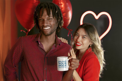 11 oz Coffee Mug Mockup Featuring a Happy Couple in a Valentine's Setting