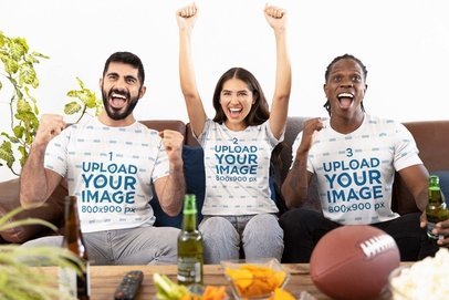 T-Shirt Mockup Featuring Three Friends at a Football Watch Party 