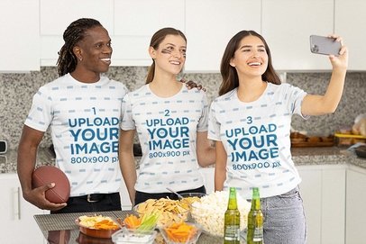 Jersey Mockup Featuring Three Friends Taking a Selfie During a Watch Party