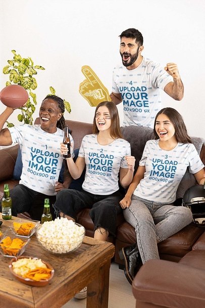 Team Jersey Mockup of a Group of Friends Watching a Football Game