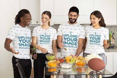 Team Jersey Mockup of a Group of Friends Preparing Snacks for the Big Game