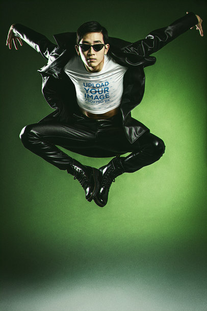 Crop Top T-Shirt Mockup of a Man Jumping in a Matrix-Inspired Outfit m20688