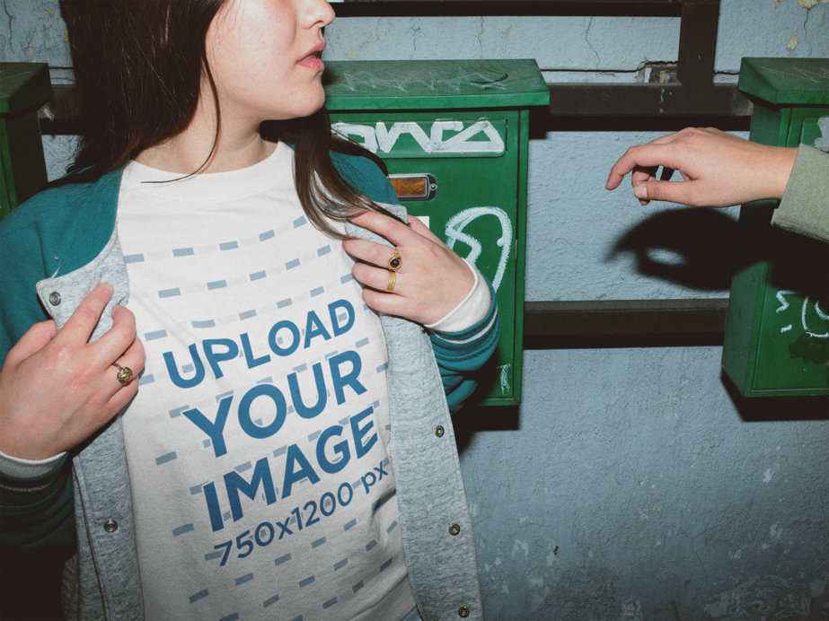 Woman Wearing a Crewneck Sweater Template Being Recognized at Night