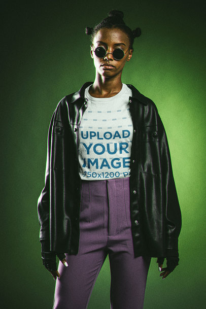 Bella Canvas T-Shirt Mockup Featuring a Woman in a Matrix-Inspired Outfit m20627