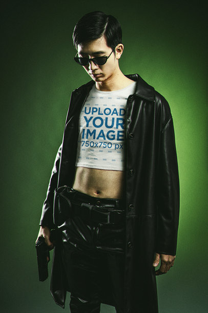 Crop Top Mockup of a Young Man with an Outfit Inspired by The Matrix