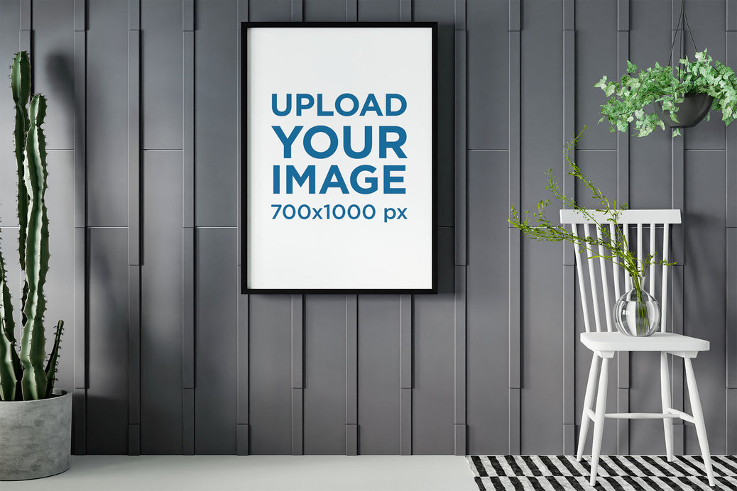 Mockup of a Framed Art Print in a Room with Plants