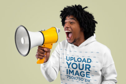 Hoodie Mockup Featuring a Man with Curly Hair Shouting at a Megaphone m20904-r-el2