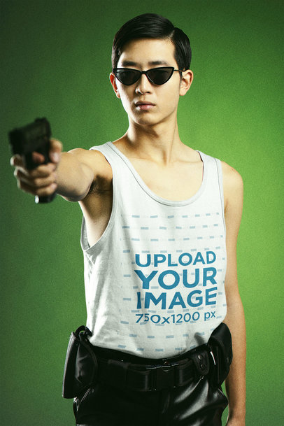 Tank Top Mockup of a Young Man Posing Like a Character Inspired by The Matrix M20644