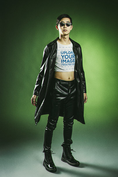 Crop Top Mockup Featuring a Man in a Matrix-Inspired Outfit