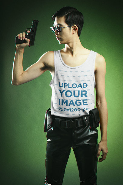 The Matrix-Inspired Tank Top Mockup of a Young Man Holding a Gun M20645