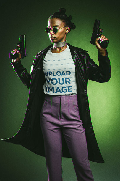 T-Shirt Mockup of a Woman with an Outfit Inspired by Niobe From The Matrix m20631