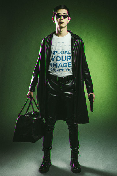 Bella Canvas T-Shirt Mockup of a Man in a Matrix-Inspired Outfit