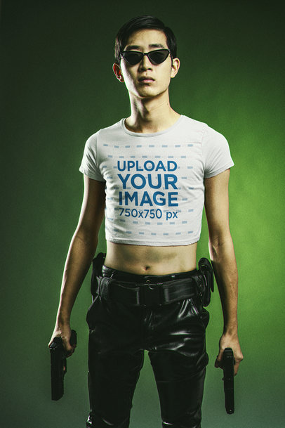 Bella Canvas Crop Top Mockup of a Man Wearing a Matrix-Inspired Costume