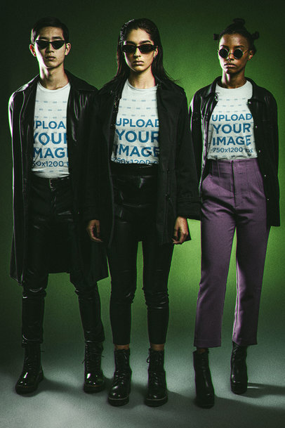 Matrix-Inspired T-Shirt Mockup Featuring Three Friends Wearing Leather Garments