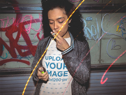 Woman Lighting a Cigarette Wearing a Crewneck Sweater Mockup