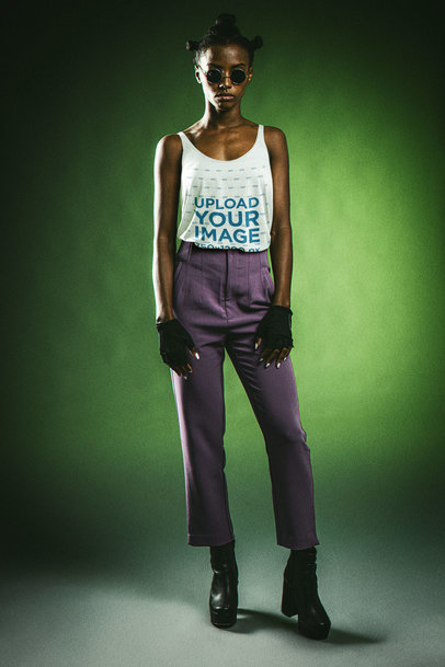 Tank Top Mockup of a Young Woman Dressed Like an Action Movie Heroine