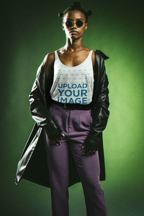 Bella Canvas Tank Top Mockup of a Woman Wearing a Matrix-Inspired Outfit