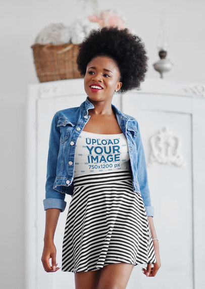 Tank Top Mockup Featuring a Woman with an Afro and a Denim Garment