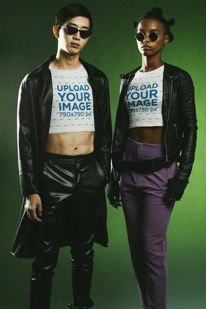 Crop Top Mockup of a Man and a Woman with Outfits Inspired by The Matrix