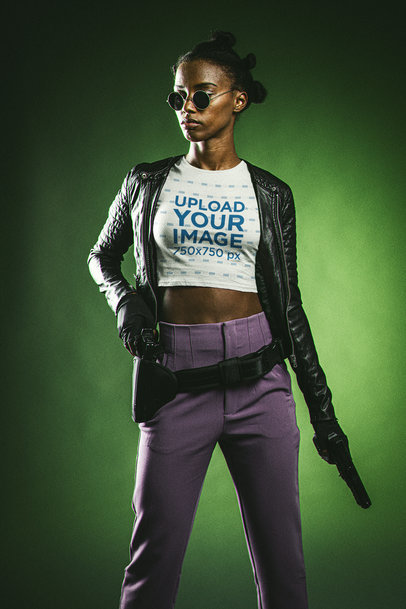 Bella Canvas Crop Top Mockup Featuring a Woman in a Matrix-Inspired Disguise