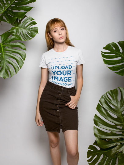 Beautiful Woman Wearing a Round Neck Tshirt Mockup Near Plants