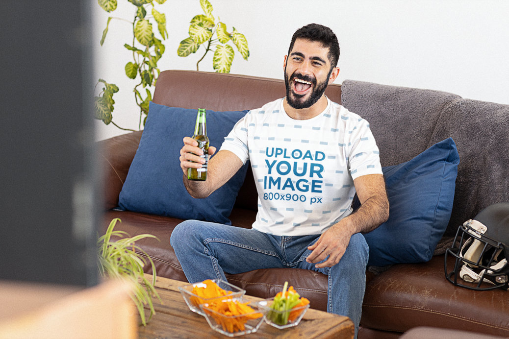 Jersey Mockup of a Football Fan Watching The Big Game at Home