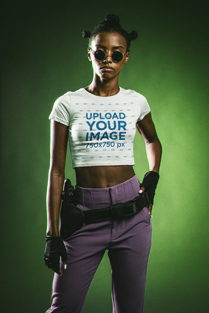 Crop Top Mockup of a Woman Posing in a Matrix-Inspired Outfit