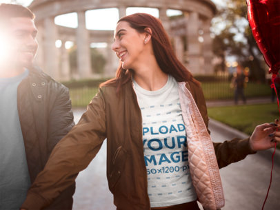 Woman Holding a Heart Balloon on Valentines Day Wearing a T-Shirt Mockup