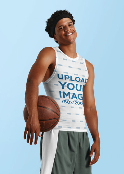 Tank Top Mockup of an Athletic Man Holding a Basketball