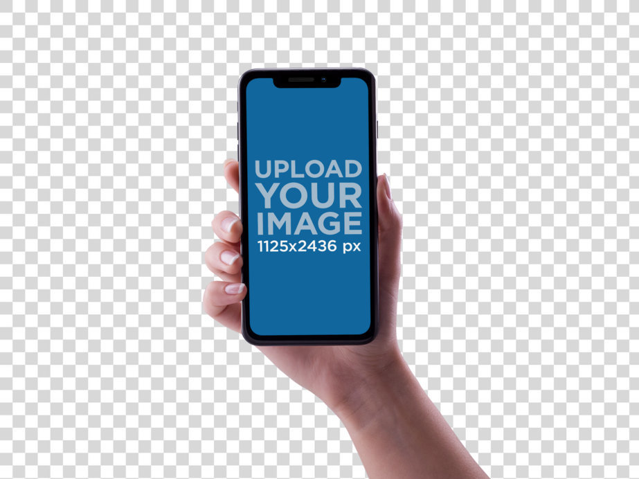 Woman Hand Holding an iPhone 11 Pro Mockup Against a Transparent Backdrop